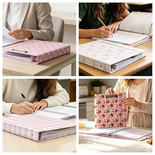 Etzul 3 Ring Binder 1 inch with Clipboard - White & Pink Bow Design, Includes Dividers, File Bag & Spine Label - Classic and Elegant for School or Work, Holographic Waterproof Film thumbnail 6