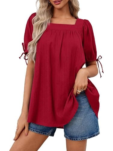 Tankaneo Womens Square Neck Babydoll Tops Summer Puff Short Sleeve Tunic Shirts Casual Loose Fit Blouse thumbnail 3