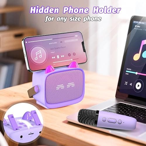 Mini Karaoke Machine Toys Gifts,Kids Portable Bluetooth Speaker with 2 Wireless Microphone and LED,Christmas Birthday Gifts for Girls Boys 3 4 5 6 7 8+ Year Old (Purple) thumbnail 2