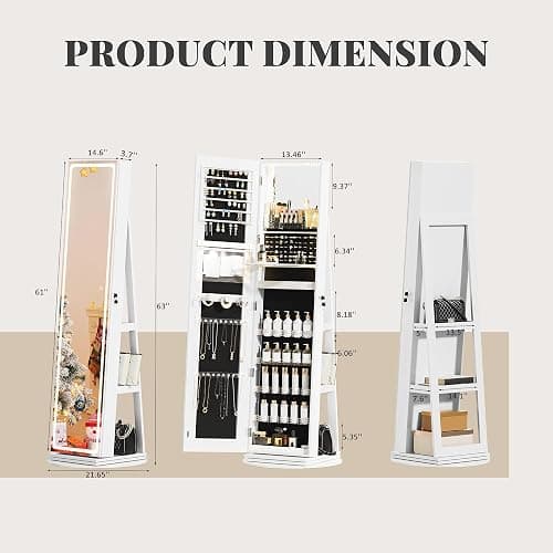 TJYGO LED Mirror Jewelry Cabinet Standing, Swivel Jewelry Armoire with Full Length LED Mirror and Adjustable Lights, Lockable Standing Jewelry Storage Organizer, White thumbnail 3