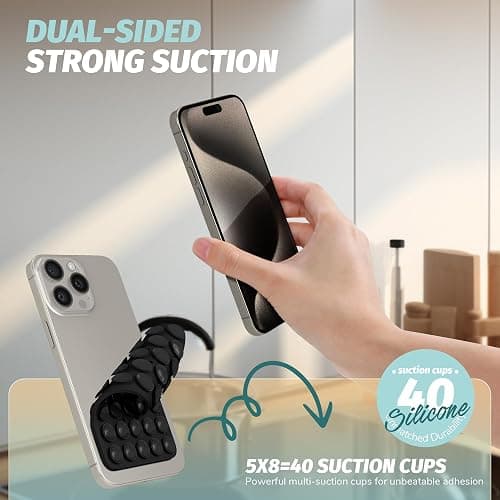 (2 PCS) Orzero Double Sided 40 Grain Silicone Suction Phone Mount Compatible for All iPhone and Android Cellphone, Strong Grip for Selfies and Video, Hands-Free Shower Phone Holder (Black, White) thumbnail 2
