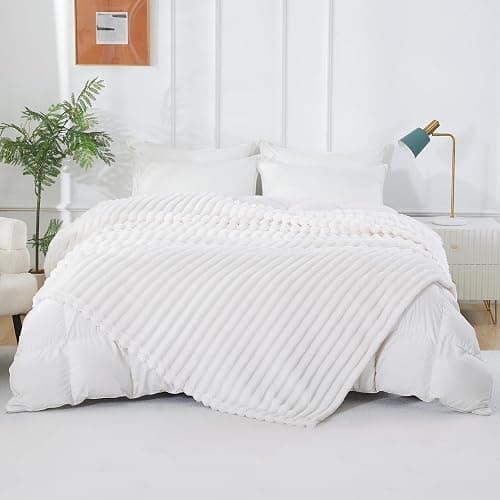 Taliska White Fleece Throw Blanket 50"x60" - Soft Cozy Fluffy Striped Blanket for Couch Sofa Travel, Lightweight Warm Throw Blankets for All-Season Home Decor thumbnail 3