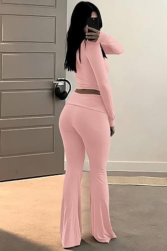 CLOCOR Womens 2 Piece Outfits Long Sleeve Flare Pants Matching Sets High Waist Fall Travel Outfits for Women thumbnail 5