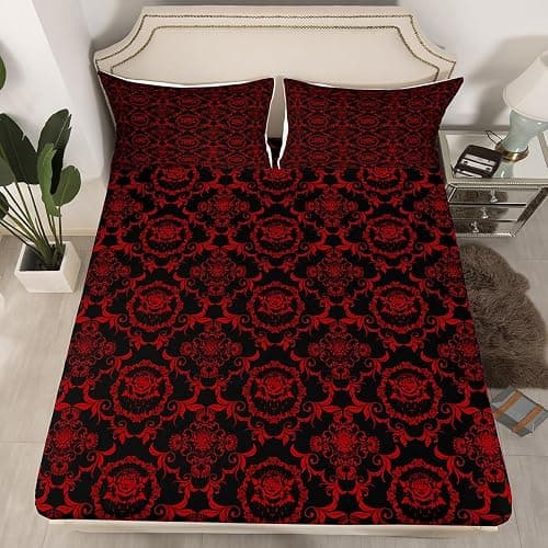 Feelyou Adults Gothic Sheet Set Queen Size Vintage Rose Boho Sheets with Deep Pocket Fitted Sheet Black Red Damask Bed Sheets Set Luxury Farmhouse Bedding Set Room Decorations Bed Set thumbnail 3