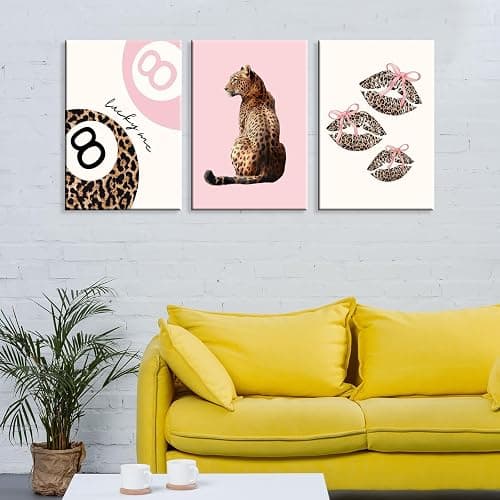 Set of 3 Coquette Pink Leopard Wall Art Trendy Lucky You 8 Ball Decor Posters Funky Cheetah Print Kiss Lips Canvas for Preppy Girly Y2k Room Dorm Home Apartment Bedroom Aesthetic 12x16in Framed thumbnail 6