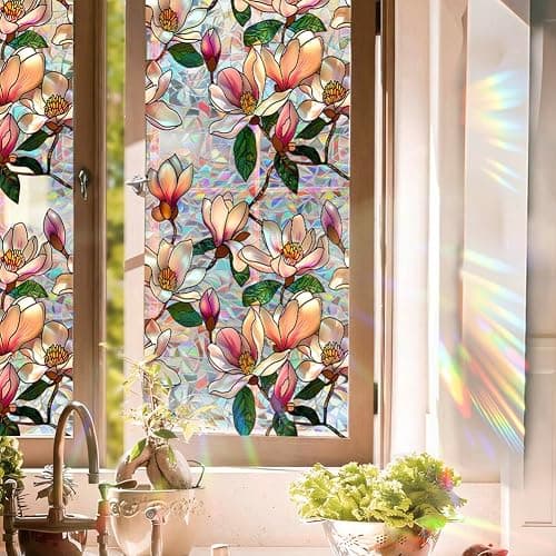 Retro Magnolia Flowers Window Privacy Film,Stained Glass Decals Colorful Floral Privacy Rainbow Decals Living Room Sun Blocking Decor Removable Static Cling Stickers,16.93x39.37inch thumbnail 6