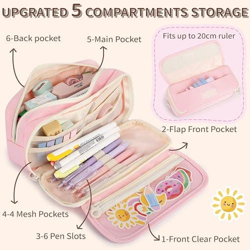 Large Capacity Pencil Case with Compartments, School Pencil Bags with Zipper, Big Storage Pen Bag for Teen Girl Boy Men Women, Aesthetic Stationery Pen Bag for School College and Office - Pink thumbnail 5