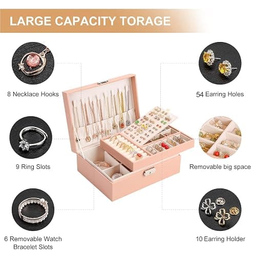 Jewelry Organizer Box, Leather Jewelry Box for Girls Gift Earring Organizer with Lock Double Layers Jewelry Case Removable Tray for Necklace Earring Ring with Polishing Cloth and Jewelry Bags thumbnail 5