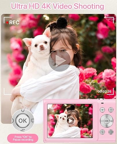 Digital Camera, 4K Vlogging Camera for YouTube Autofocus Cameras for Photography with 16X Digital Zoom, 48MP Compact Point and Shoot Digital Camera for Teens Adult with 32GB SD Card, 2 Batteries-Pink thumbnail 3