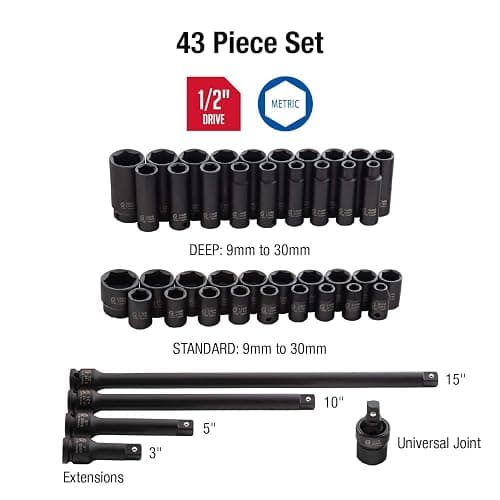 Sunex 2569, 1/2" Drive Master Impact Socket Set, 43Piece, Metric, 9mm - 30mm, Standard/Deep, Cr-Mo Alloy Steel, Radius Corner Design, Heavy Duty Storage Case, Universal Joint & Impact Extensions thumbnail 3