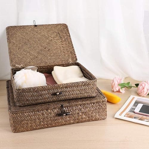 Hipiwe Set of 2 Flat Woven Wicker Storage Bins with Lid Natural Seagrass Basket Multipurpose Home Boxes for Shelf Organizer (Coffee) thumbnail 2
