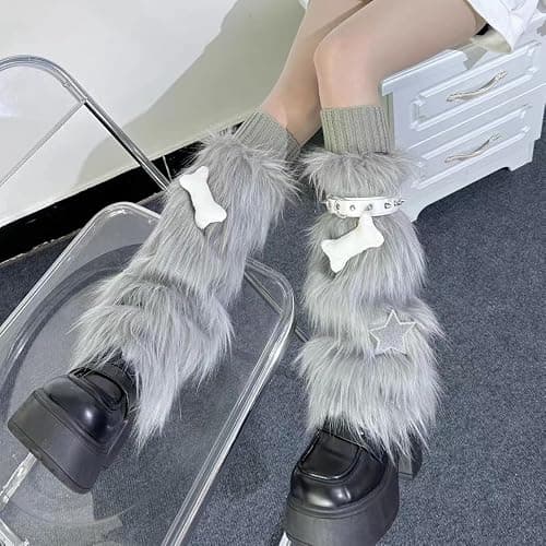 CHERSE Furry Leg Warmers for Women 3in1 Kawaii Star Bone Plush Y2K Leg Socks Pink Lolita Faux Fur 80s Harajuku Punk Gothic thumbnail 4