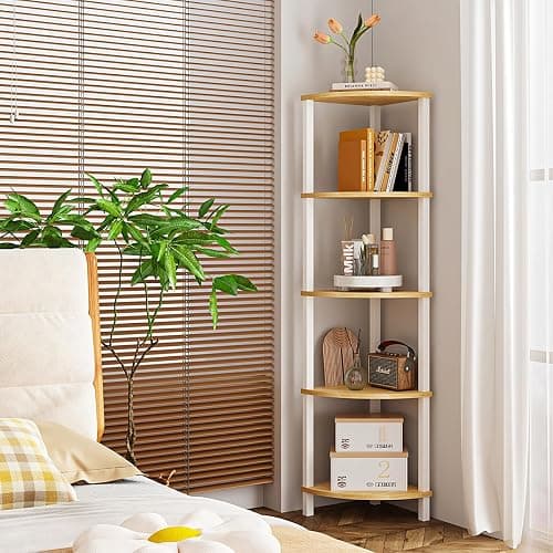 VIMBER Corner Shelf, 5-Tier Corner Bookshelf, Industrial Corner Ladder Shelf, Rustic Display Shelf for Living Room, Bedroom, Kitchen, Home Office, White and Nature Wood Color UJSJ001Q - White and Nature Wood - 5-Tier thumbnail 5