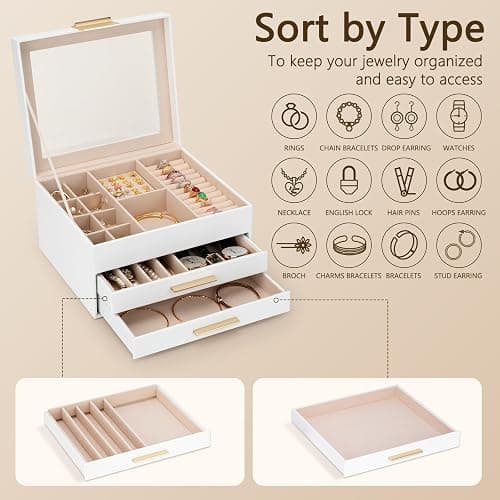 JBAOWEI 3-Layer Jewelry Box for Women, Jewelry Organizer with Glass Lid and Drawers, Jewelry Organizers and Storage for Necklaces, Rings, Earrings, Bracelets - White/Green/Black. thumbnail 4