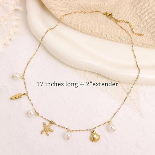RIXERKOC Collier de Charme en Or pour Femme, Délicat Pendentif Etoile de Mer en Perle, collier joli coquillage en or 14k, collier ras de cou à breloques boho, bijoux d'été plage surfeur - B thumbnail 7