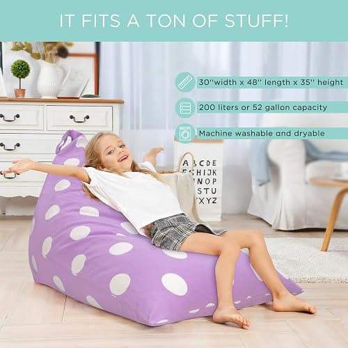 Aubliss Stuffed Animal Storage Bean Bag Chairs Cover, 50"x 35" Extra Large Bean Bags Chair for Kids & Adults, Beanbag Toy Storage for Boys Girls - Premium Cotton Canvas Purple Dot thumbnail 5