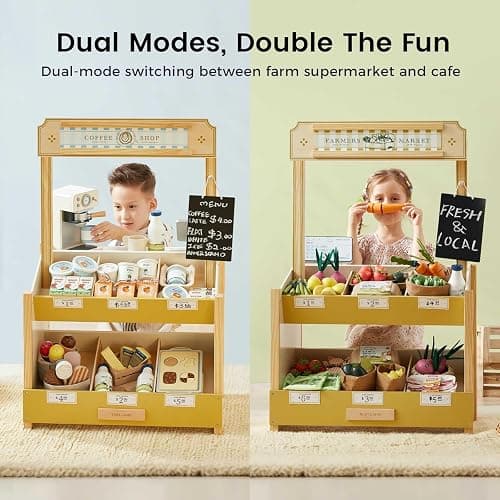 Tiny Land Wooden Play Store Pretend Grocery Store Role Play Toy | Pretend Farmers Market & Coffee Shop with Cash Register, DIY Price Tags, Chalkboard for Toddlers thumbnail 5
