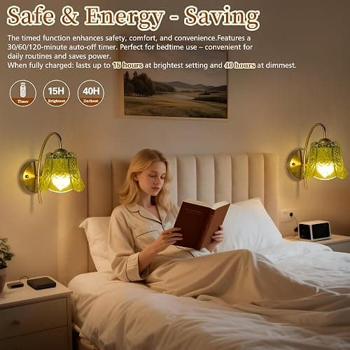 FFVU Wireless Wall Sconce with Flower lampshade, Battery Operated Wall Lights,Wall lamp with 15 Colors for Bedroom Living Room Home Decor (Green Flower,2 Light Battery Operated) thumbnail 4