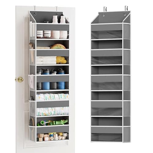 SpaceAid 1 Pack Over The Door Organizer with 5 Large Pockets and 10 Mesh Side Pockets, 5 Layers Door Organizer Hanging with Clear Window for Bedroom, Bathroom, Pantry and Nursery, Gray - Image 1