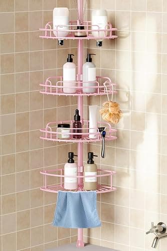HAMITOR Corner Shower Caddy Tension Pole: 4-Tier Rust-Resistant Adjustable Bathroom Organizer Shelves - 47-121 Inch No-Drill Quick Installation - Space-Saving Storage for Renters Family - Pink - Image 1