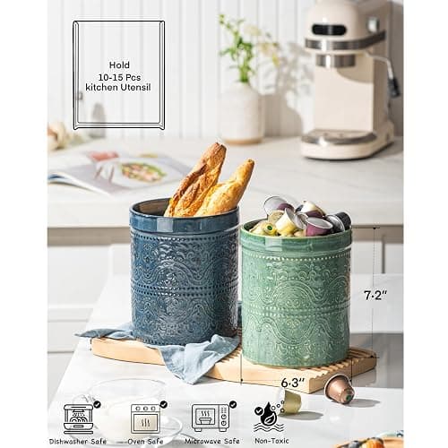 MIKIGEY Kitchen Utensil Holder, 7 Inches Large Ceramic Utensil Holder for Countertop, Lace Emboss Cooking Utensil Crocks for Kitchen, Home Decor, Reactive Blue thumbnail 4