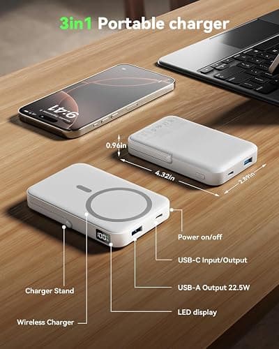 Portable Charger for Magsafe Battery Pack,10000mAh Power Bank with Foldable Stand,Travel Essential PD 22.5W Fast Charge,Magnetic Charge Wireless Charger for iPhone 17/16/15/14/13/12 Series–(Pearl) thumbnail 6