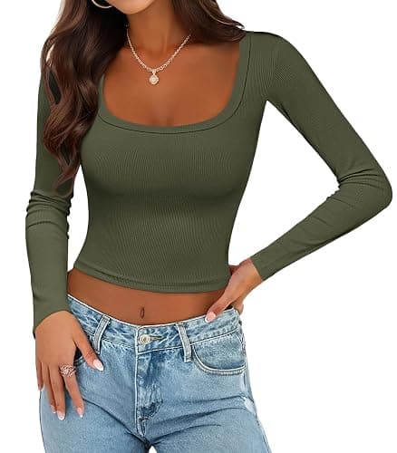 Ekouaer Womens Long Sleeve Square Neck Crop Top Ribbed Slim Fitted Going Out Y2K Tops Casual Basic Shirts Tee - Image 1