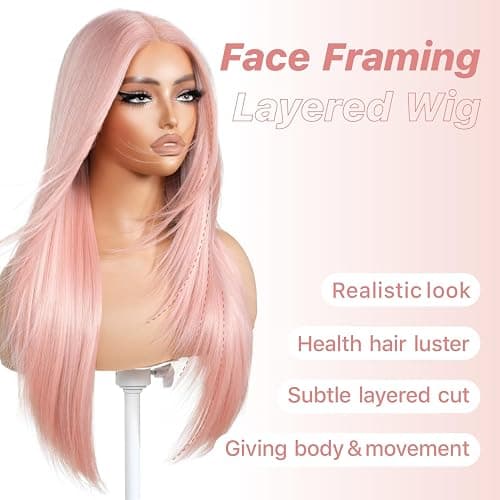 BrownBomb Pink Wear and Go Glueless Wigs Light Pink Synthetic Lace Front Wigs Pre Plucked Pre Cut Long Layered Straight Wigs with Curtain Bangs For Woman middle Part Wig 26 Inch for Beginners thumbnail 2