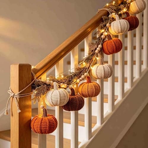 Fall Crochet Thanksgiving Pumpkin Garland, Hand‑Knitted Pumpkin Beaded Hanging String, Pre‑Assembled Autumn Mantel Garland for Halloween Thanksgiving Boho Home Wall Party Decor, 78.74 Inch thumbnail 7
