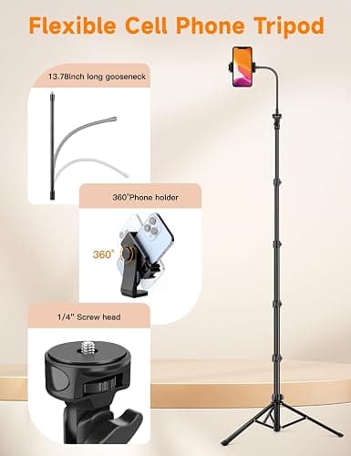 Phone Tripod, 86" Tall Tripod for iPhone with Flexible Gooseneck & Remote, Portable Aluminum Cellphone Stand for Selfies, Video Recording,Travel, Compatible with iPhone Android thumbnail 7