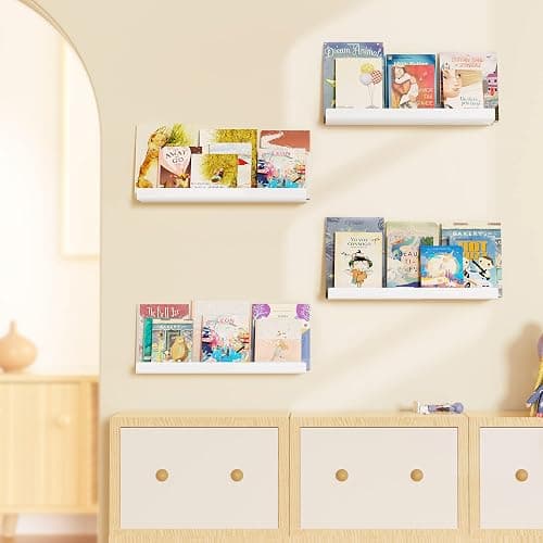upsimples Acrylic Shelves for Wall Decor, 15" Display Shelf Perfume Organizer for Bathroom, Bedroom, Living Room, Floating Bookshelves for Kids, White, 4 Pack thumbnail 6