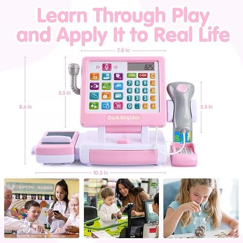PLAY Kids Cash Register Toy - Pretend Play Calculator Register Toys with Microphone/Conveyors/Play Money/Scanner/Credit Card/Cans/Drink, 3+ Toddler Develops Early Math Skills Learning Toys thumbnail 7