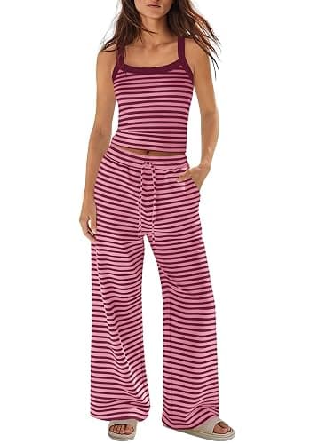 Panadila Womens Striped Two Piece Sets Summer Beach Outfits | 2 Piece Lounge Set, Spaghetti Strap Tank Top, Drawstring Wide Leg Pant with Pockets, Matching Sets, Vacation, Travel, Airport - Image 1