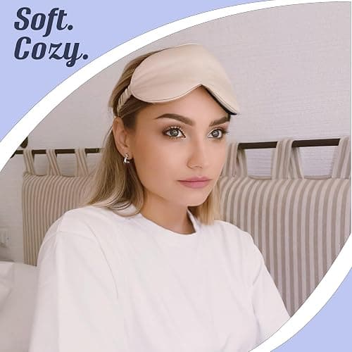 MATASSE Silk Eye Mask for Sleeping with Adjustable Elastic Band - 3D Contoured, Eye Cover Sleep Mask w/Genuine Mulberry Silk Including The Strap for Women, Men (Champagne/Black) thumbnail 7