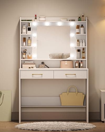 Hzuaneri Vanity Desk with Mirror and Led Light, Adjustable Brightness, Dressing Table with Shelves and 2 Drawers, for Bedroom, 40 x 80 x 149 Cm, White DT37203X thumbnail 6