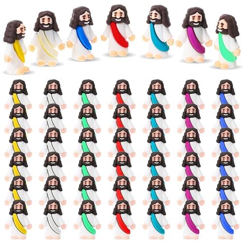 Sumind 50 Pcs Little Jesus Figures Christmas Mini Pocket Jesus Figurines Bulk Original Design for Xmas Hide and Seek Religious Party Favors Sunday School Baptism Gifts(Bright Color) - Image 1