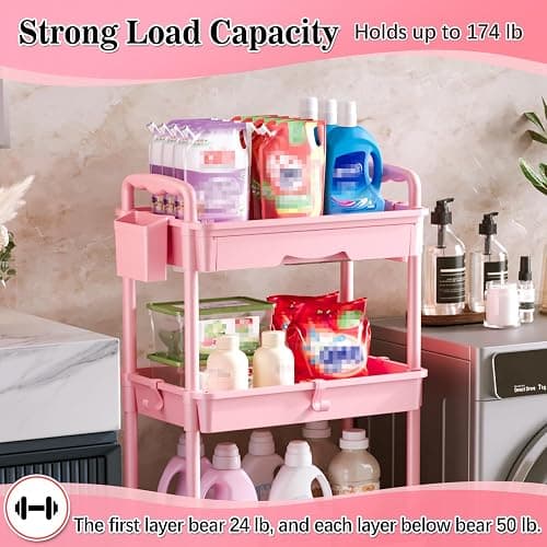 SUNALLY 4 Tier Rolling Utility Cart with Drawer, Storage Organizer Cart with 2 Lockable Wheels, Multifunctional Rolling Storage Cart for Bathroom, Kitchen, Craft, Makeup, Baby Essentials, Pink thumbnail 6