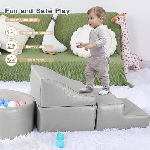 Hoohtoot Foam Climbing Blocks for Toddler: with 4-Piece PU Leather Climbing Toys and a Ball Pit - Foam Ball Pit for Toddlers - Climbing Toys Indoor for Kids Crawling thumbnail 6