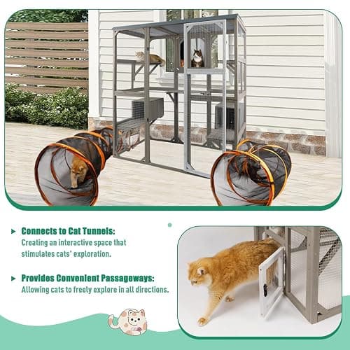 PetsCosset Outdoor Cat Catio Enclosures Large Wooden Cat House Patio for Indoor Cats Feral Cat Shelter with 2 Espace Doors, 2 Resting Rooms, 5 Platforms, Removable Waterproof Cover 67.7" H - 67.7"H Cat Catio thumbnail 3