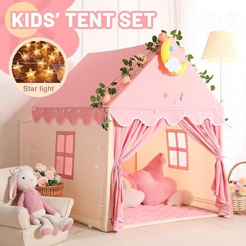 Wilwolfer Kid Tent with Lights - Kids Play Tents for Toddlers Kids Tents Indoor Playhouse - Princess Tent for Girls Toy House Gift - Pink & Yellow, 47x41x51 thumbnail 2