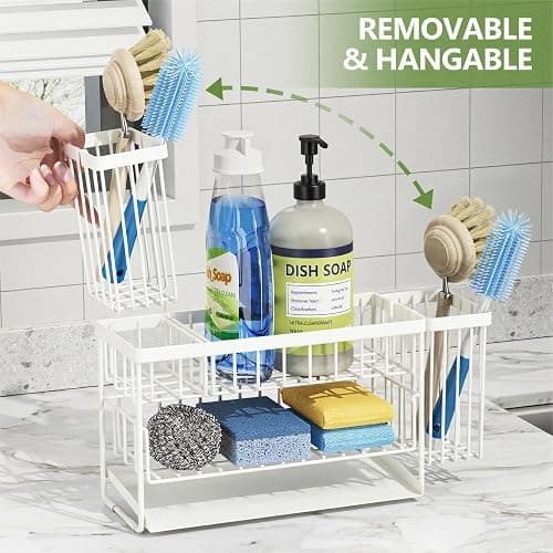 Cisily White 2-Tier Kitchen Sink Caddy Organzier Rack with Flexible Dish Brush Holder, Sponge Holder for Kitchen Sink Countertop Organization Storage,Home Decor Accessories thumbnail 3