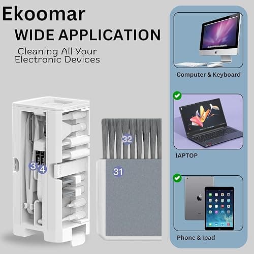 Ekoomar 32-in-1 Electronics Cleaning Kit - Keyboard, Phone, Computer & Laptop Cleaner Kit - Compatible for MacBook, AirPods & iPhone Charger Port Cleaning Tool - Tech Gadget Cleaner - White thumbnail 2