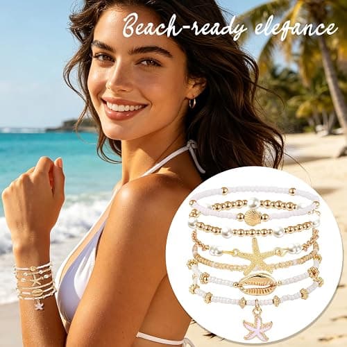 cow print Summer Beach Bracelets for Women Men, Stackable Seashell Starfish Beaded Bracelets, Seaside Holiday Vacation Party Birthday Gifts for Women Surfers Friends Her Him Family thumbnail 2