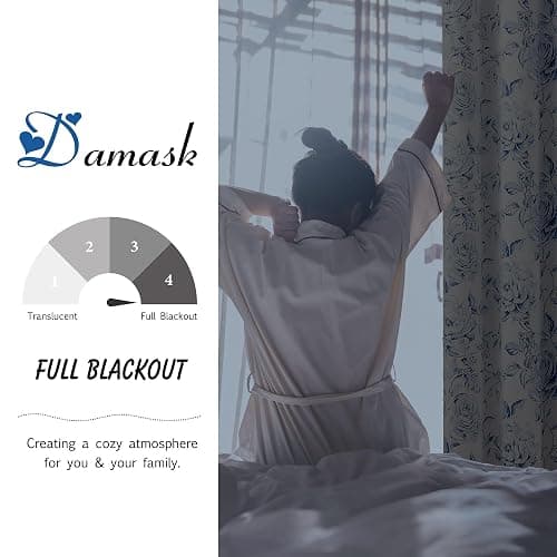 Beauoop Floral 100% Blackout Curtains for Bedroom Navy Blue 50x63 2 Panels | Rose Flower Patterned Room Darkening Drapes for Living Room 90 Inch Long Farmhouse Thermal Insulated Soundproof Grommet thumbnail 2