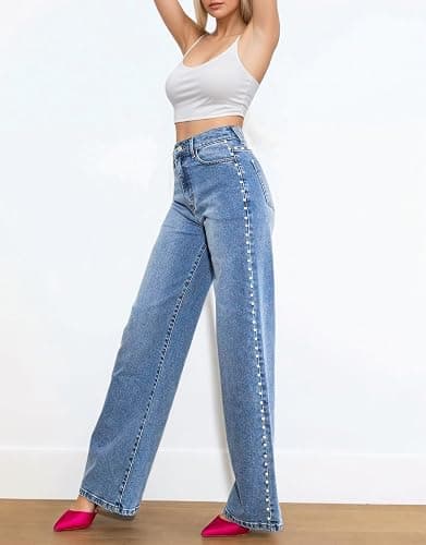 Kedera Women's High Waisted Jeans Stretchy Pearl Beaded Jeans Wide Leg Casual Denim Trousers Y2K Trendy Baggy Pants thumbnail 5