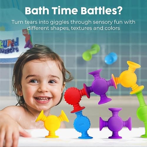 BUNMO Stocking Stuffers for Kids - Toddler Suction Bath Toys - Connect, Build, Create - Toddler Stocking Stuffers - Fine Motor Skills - Stimulating Sensory Fun - Textured 10 Pack thumbnail 7