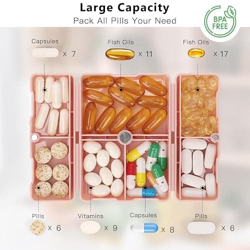FYY Daily Pill Organizer, 7 Compartments Portable Pill Case Travel Pill Organizer,[Folding Design] Pill Box for Purse Pocket to Hold Vitamins,Cod Liver Oil,Supplements and Medication-Pink thumbnail 2