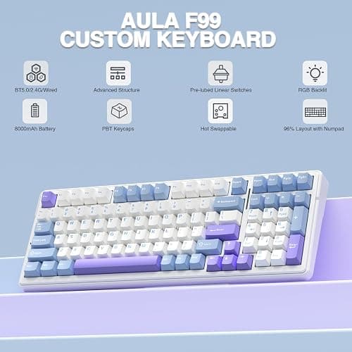 AULA F99 Wireless Mechanical Keyboard,Tri-Mode BT5.0/2.4GHz/USB-C Hot Swappable Custom Keyboard,Pre-lubed Linear Switches,Gasket Structure,RGB Backlit Gaming Keyboard for PC/Tablet/Xbox/PS4/PS5 thumbnail 2