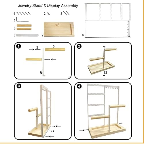 Jewelry Organizer Stand, Jewelry Holder, Lengnoy 4 Tier Earring Holder with 48 Holes and 6 Hooks Necklace Organizer Wood Box for Necklace Bracelet Earring Ring, White thumbnail 6