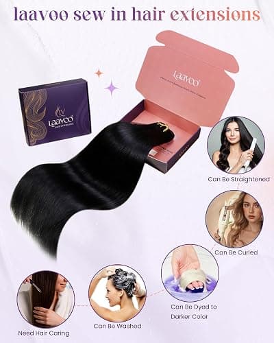 LaaVoo Tressen Extensions Echthaar Schwarz 70cm 140g Extensions Echthaar Tressen Doppelt Tressen Weft Extensions Echthaar Glatt #1 thumbnail 8